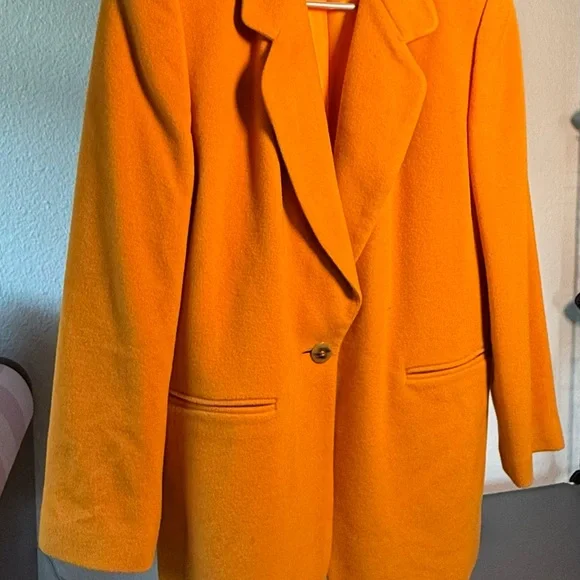 Vintage 90s Vibrant Mustard Yellow Orange Cashmere Wool Oversized Women’s Blazer - Picture 2 of 8